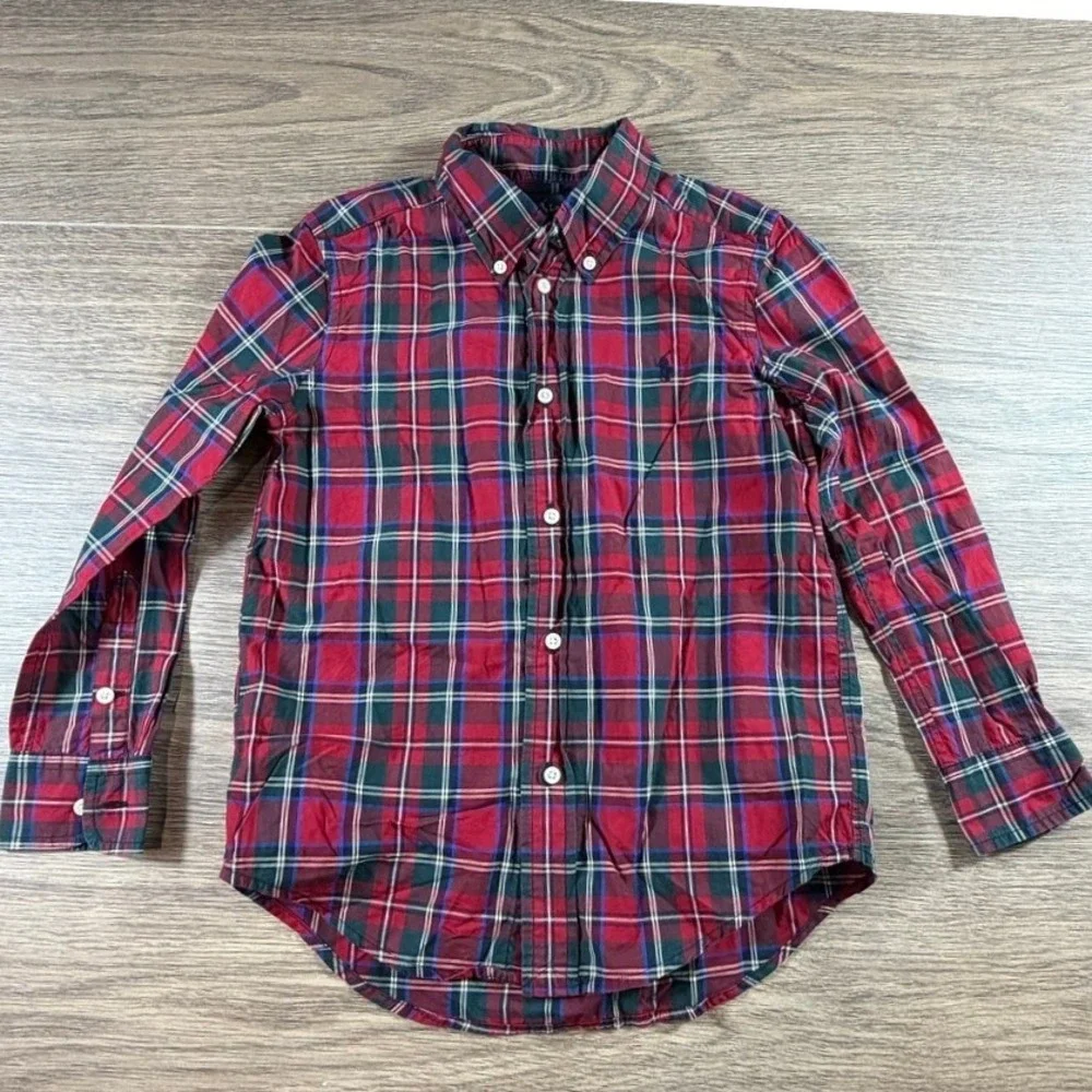 Ralph Lauren Boys Red Plaid Cotton Button Down Shirt Size 6 Pony Holiday Preppy